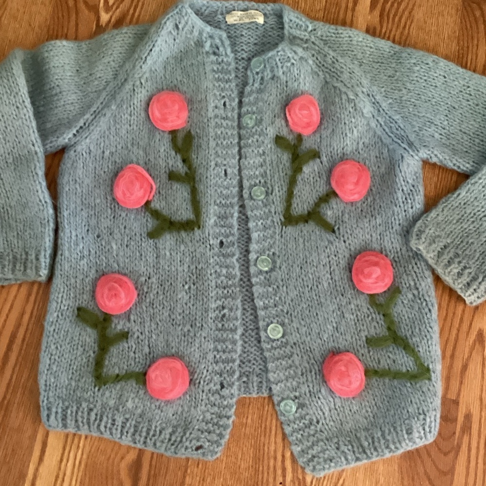 Light Blue Floral Knit Cardigan Sweater
